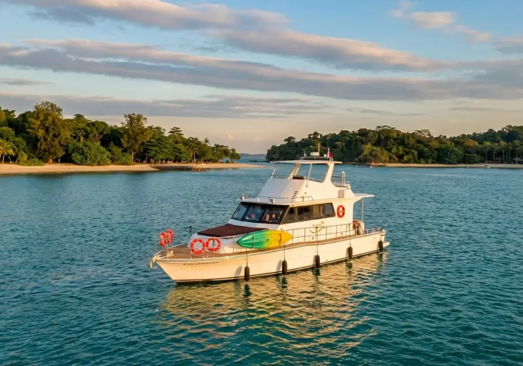 60 Custom Monohull Sgyacht Singapore - A white yacht with a yellow and green kayak attached rests on calm blue water, backed by lush tropical islands with sandy beaches under a soft, cloudy sky at Marina at Keppel Bay...
