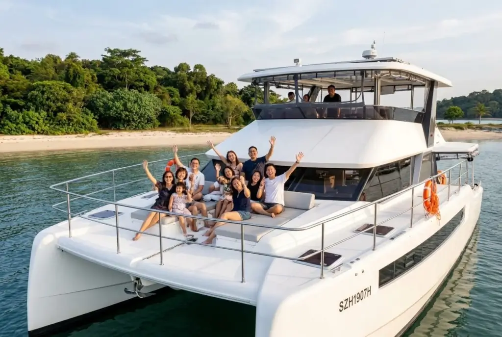 Corabelle Yacht Charter Singapore - A group of smiling people, including adults and a child, are seated on the front deck of a white catamaran, waving at the camera, with a lush green island and sandy beach in the bac...