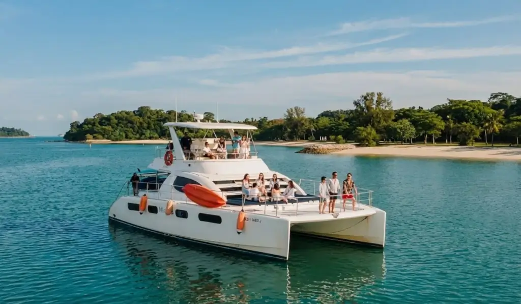 Leopard 47 - Mikanna Yacht Singapore - A white catamaran yacht filled with many people enjoying themselves on deck and the upper level, cruising on clear turquoise water at ONEΒ°15 Marina Club, Singapore