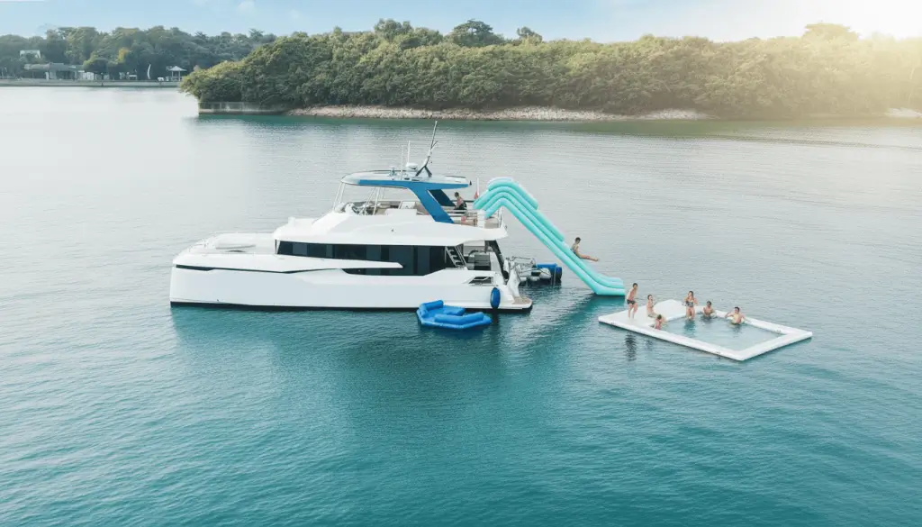 MS Eternity 2 Two Charter Singapore - A luxurious white catamaran yacht with an inflatable turquoise water slide and a floating pool is anchored in calm, blue-green waters at ONEΒ°15 Marina Club, Singapore