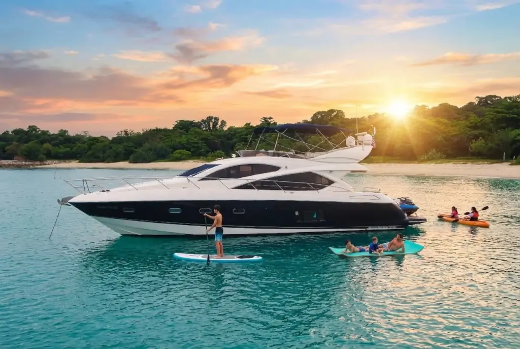 Sunseeker Manhattan 60 - Eagle Wings 2 Two Yacht Singapore - A white and dark blue luxury yacht is anchored in clear turquoise tropical waters, with two people on a jet ski nearby, against a backdrop of lush green isl...