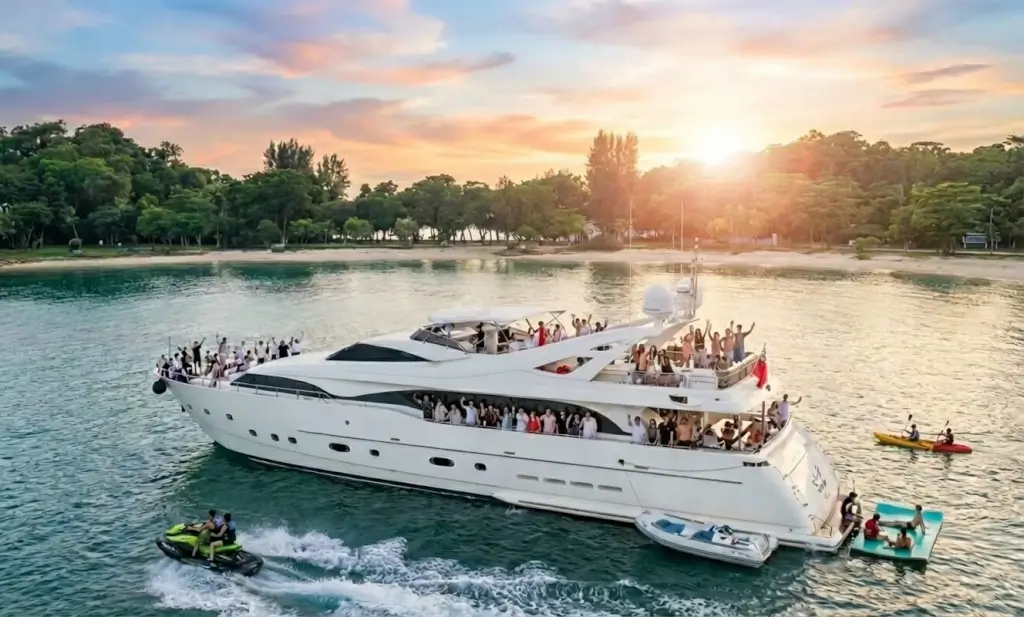 Ferretti 112 - Eagle Wings 3 Three Yacht Singapore - A large white multi-deck yacht filled with many people celebrating on calm turquoise waters, with a lush green island in the background under a vibrant sunset sky a...
