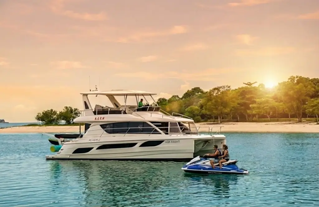 Aquila 48 - No Name Three Charter Singapore - A white luxury catamaran yacht is anchored in clear turquoise water near a sandy tropical beach with lush trees at Marina at Keppel Bay, Singapore