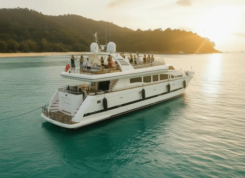 Horizon 105 - Leviathan 8 Yacht Singapore - A luxurious dining table laden with gourmet food and wine is set on the aft deck of a yacht, overlooking a tropical island beach at sunset at ONEΒ°15 Marina Club, Singapore