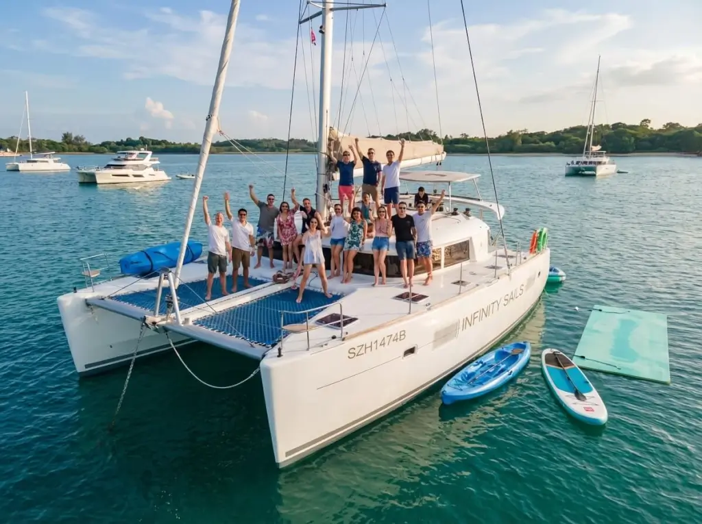 Lagoon 400 - Argon Yacht Charter - A smiling multi-generational family of seven people and a golden retriever sit on the front deck of a white catamaran sailboat, waving to the camera at ONE°15 Marina Club, Singapore
